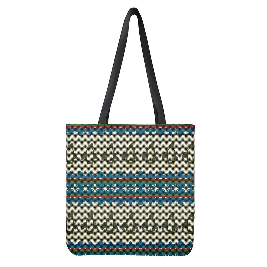 Xmas Penguin Pattern Print Tote Bag Polyester Double-Sided Lightweight Shoulder Carry
