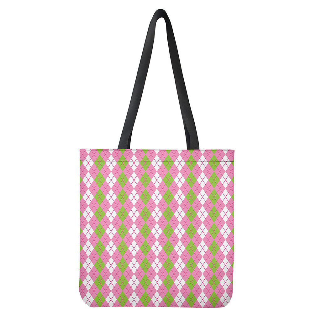 White Pink Green Argyle Print Polyester Tote Bag Double-Sided