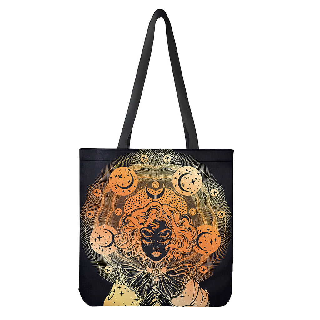 Wiccan Girl and Magical Moon Print Polyester Tote Bag - Gothic Pagan Witchy Design