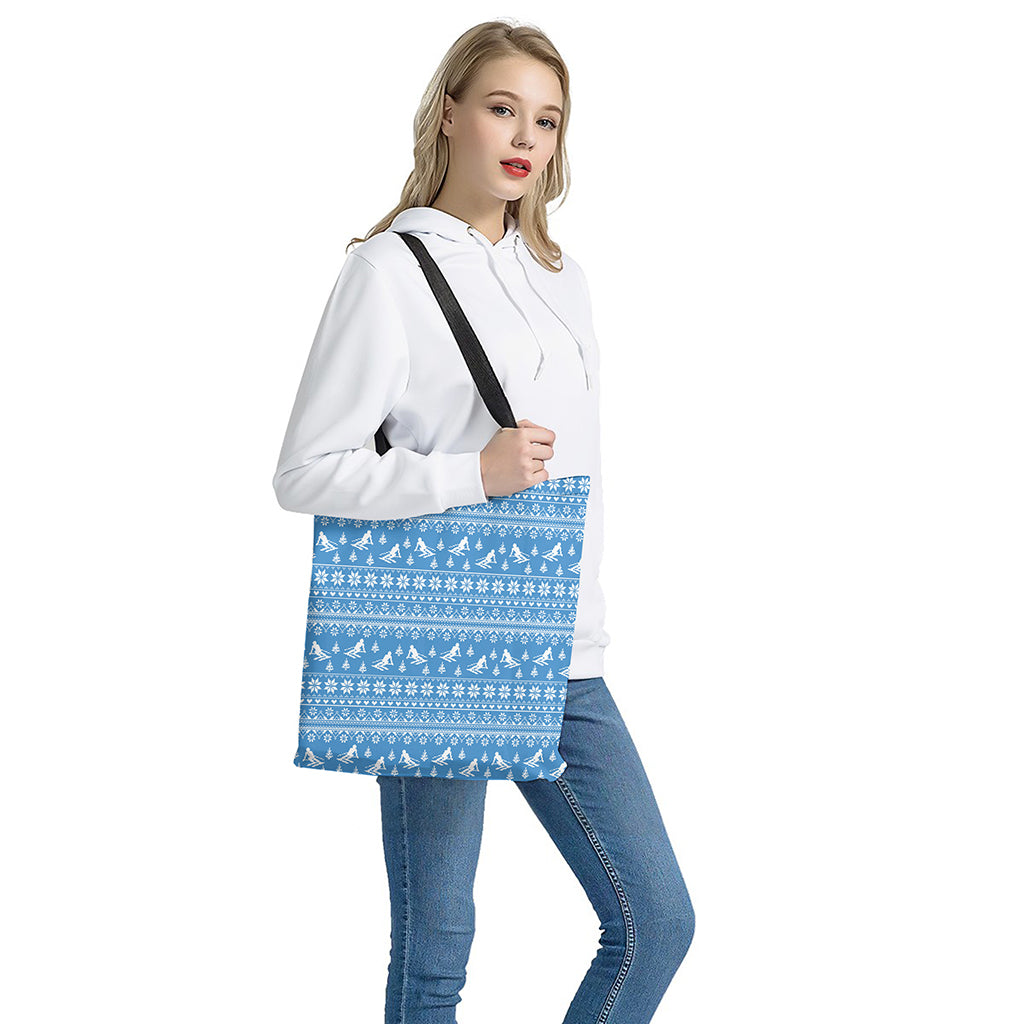 Winter Ski Knitting Pattern Print Tote Bag - Polyester Double-Sided Lightweight