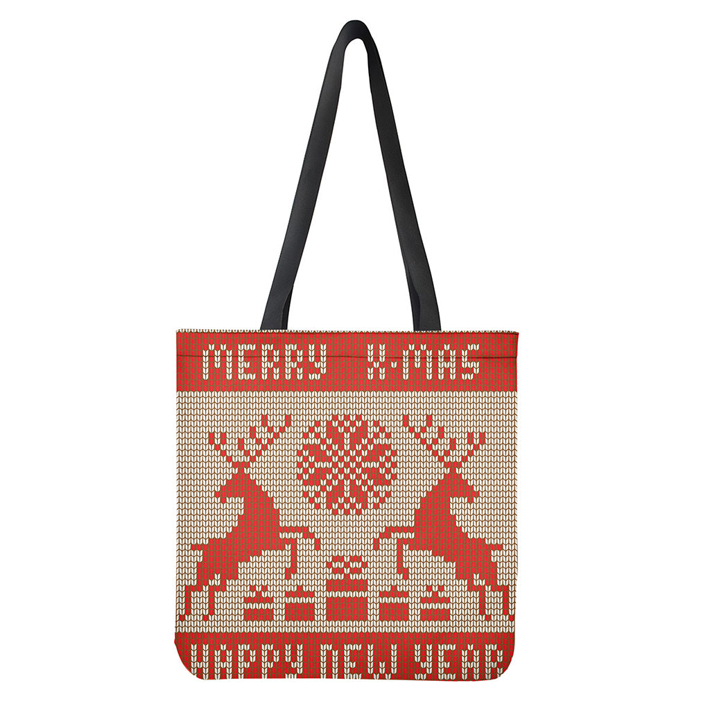 Xmas Deer Knitted Print Tote Bag - Polyester Double-Sided Holiday Design