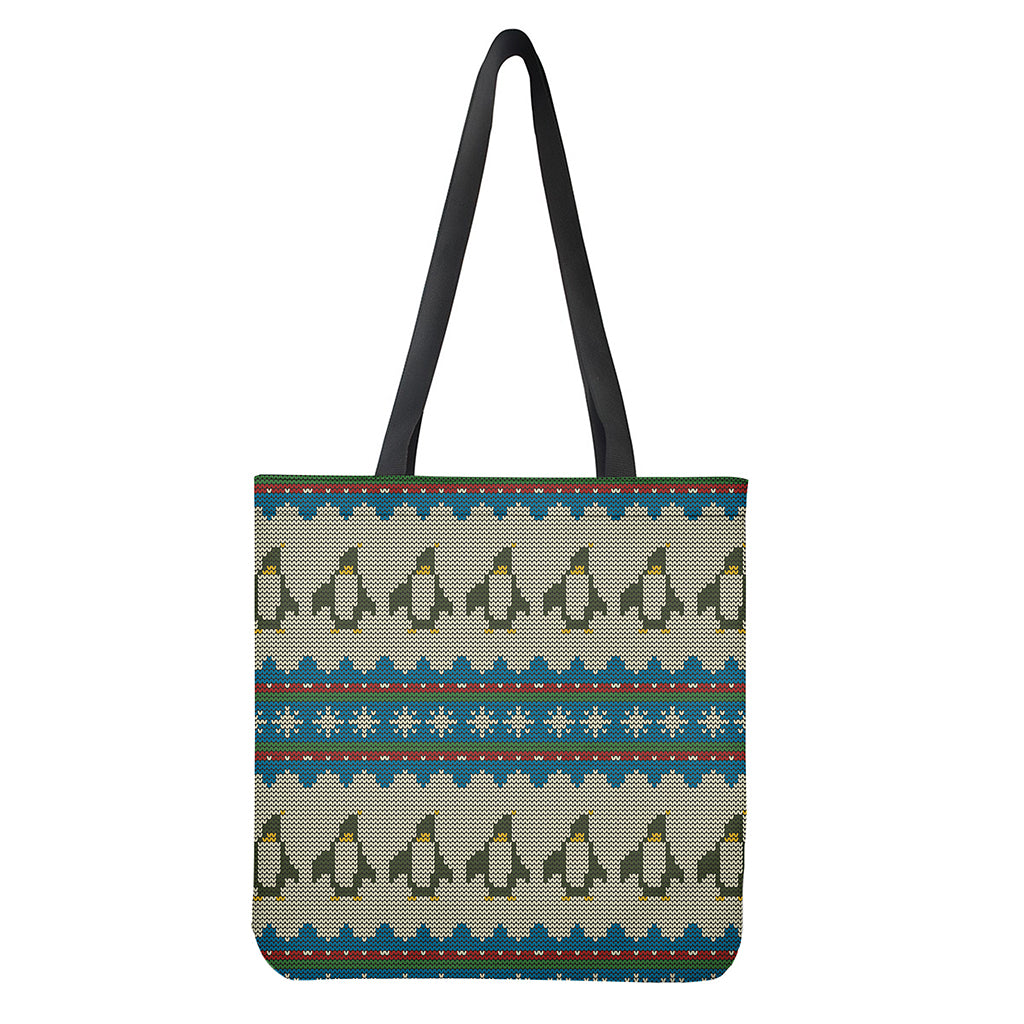 Xmas Penguin Pattern Print Tote Bag Polyester Double-Sided Lightweight Shoulder Carry