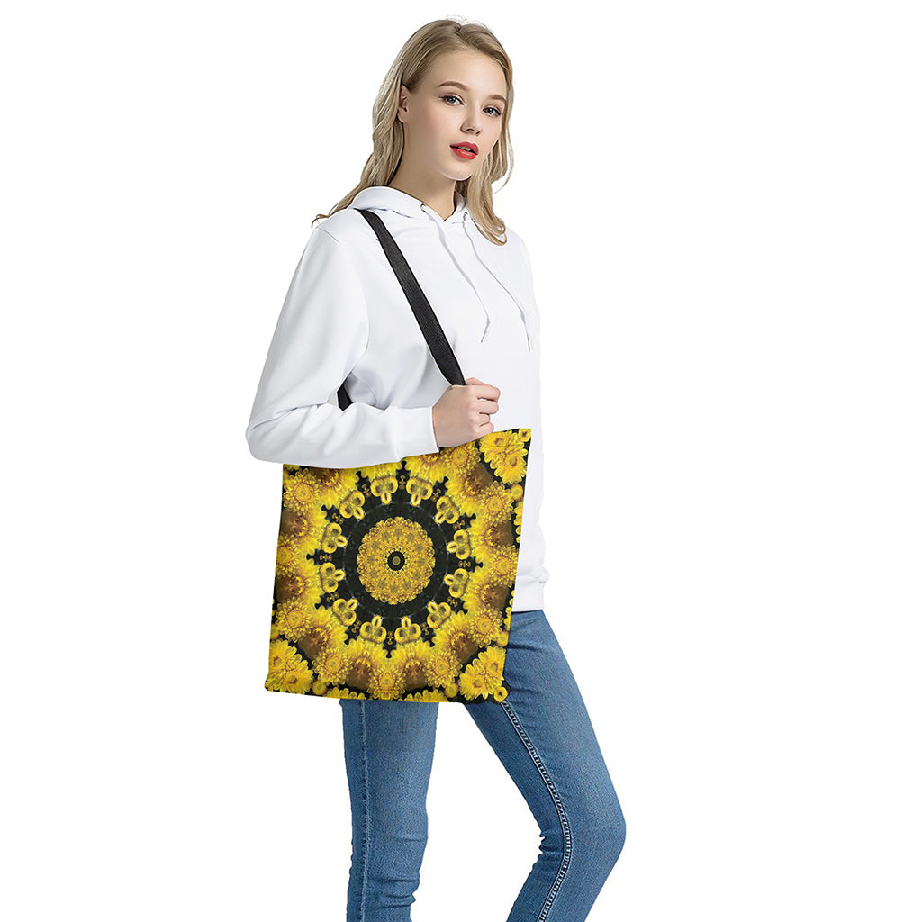 Yellow Flower Kaleidoscope Print Tote Bag - Polyester Double-Sided Handcrafted